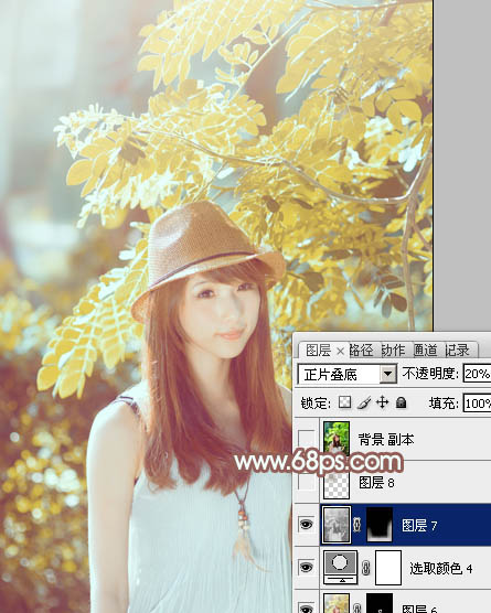 Photoshop將綠樹邊的美女調(diào)制出甜美的小清新淡褐色