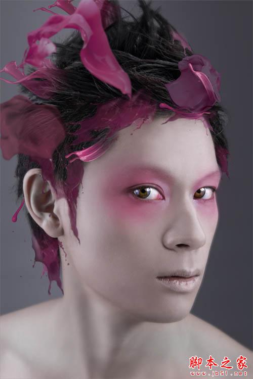 Photoshop為帥哥磨皮上妝加上絢麗的液滴噴濺頭發(fā)