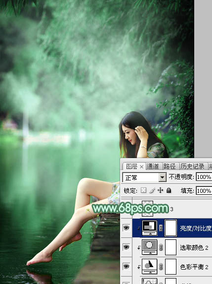 Photoshop将较暗的黄绿色湖景美女图片打造梦幻的青绿色