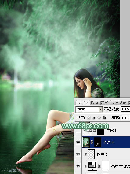 Photoshop将较暗的黄绿色湖景美女图片打造梦幻的青绿色