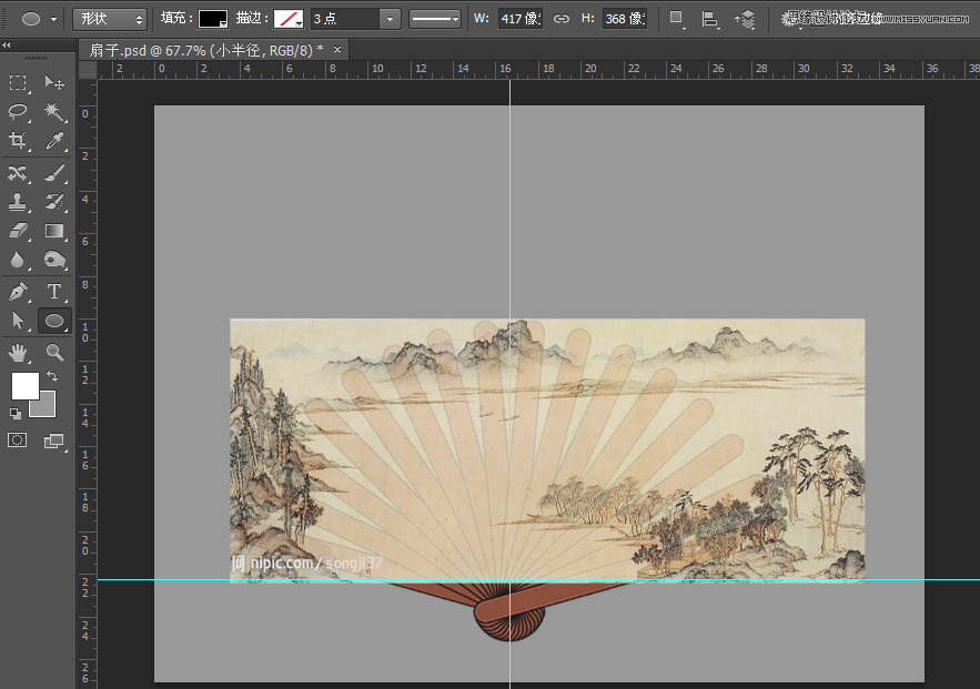 Photoshop繪制逼真的山水香木折扇效果圖
