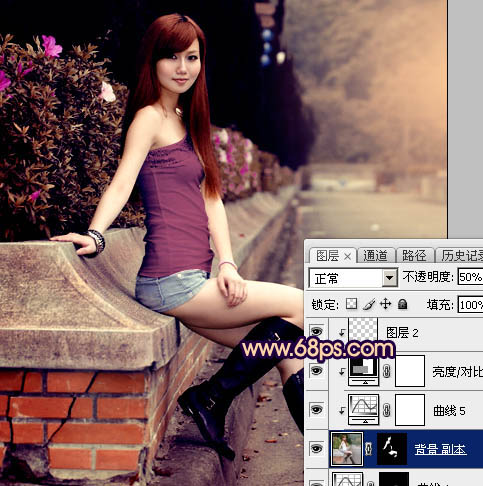 Photoshop為景區(qū)美女更換衣服顏色增加昏暗的高對(duì)比晨曦色