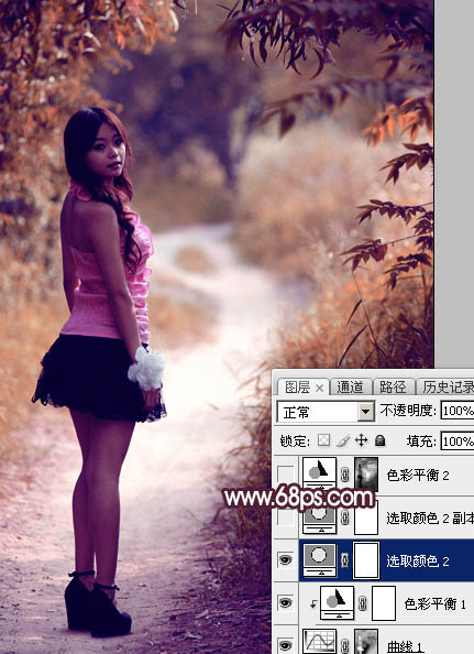 Photoshop將樹林人物圖片打造唯美的暗調(diào)紫紅色