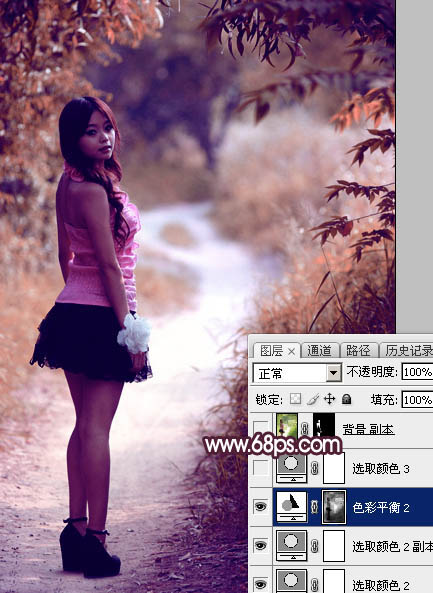 Photoshop將樹(shù)林人物圖片打造唯美的暗調(diào)紫紅色