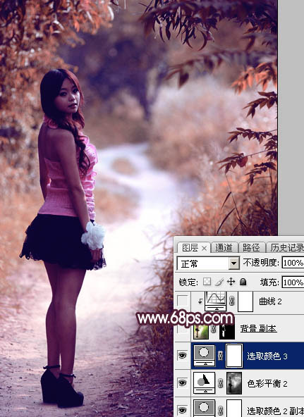 Photoshop將樹(shù)林人物圖片打造唯美的暗調(diào)紫紅色