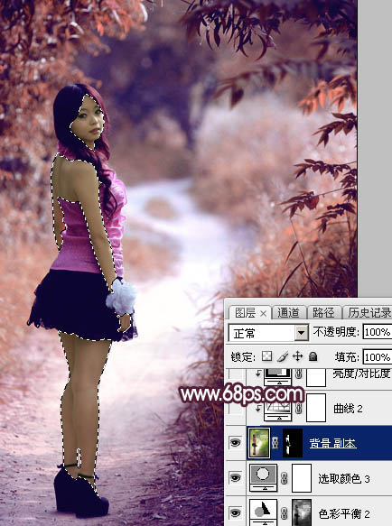 Photoshop將樹(shù)林人物圖片打造唯美的暗調(diào)紫紅色