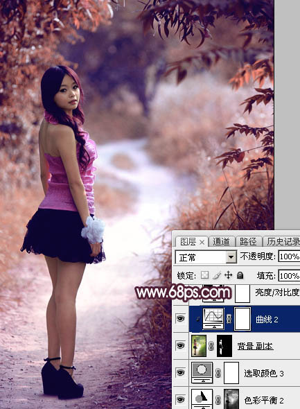 Photoshop將樹(shù)林人物圖片打造唯美的暗調(diào)紫紅色
