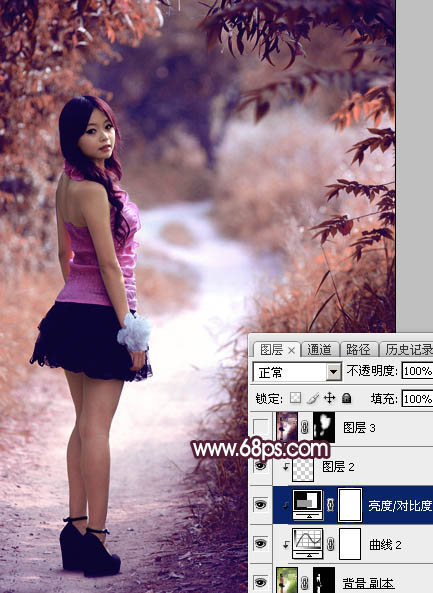 Photoshop將樹(shù)林人物圖片打造唯美的暗調(diào)紫紅色