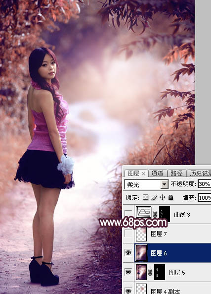 Photoshop將樹(shù)林人物圖片打造唯美的暗調(diào)紫紅色