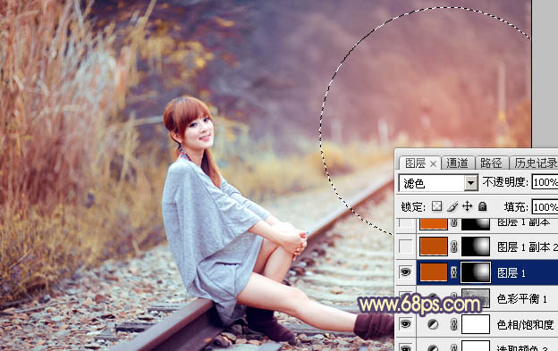Photoshop為鐵軌上的美女增加甜美的晨曦暖色