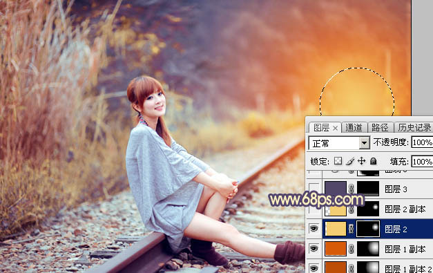 Photoshop為鐵軌上的美女增加甜美的晨曦暖色
