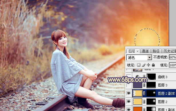 Photoshop為鐵軌上的美女增加甜美的晨曦暖色