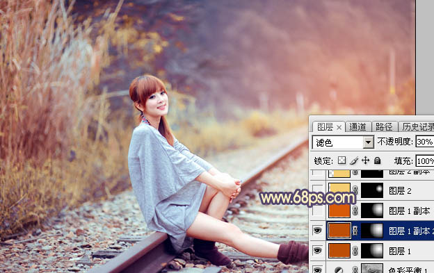 Photoshop為鐵軌上的美女增加甜美的晨曦暖色