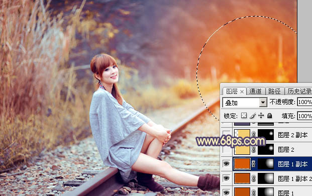 Photoshop為鐵軌上的美女增加甜美的晨曦暖色