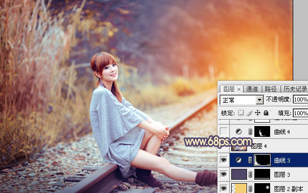 Photoshop為鐵軌上的美女增加甜美的晨曦暖色