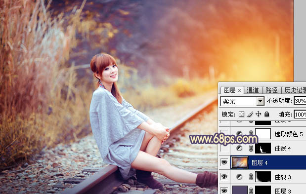 Photoshop為鐵軌上的美女增加甜美的晨曦暖色