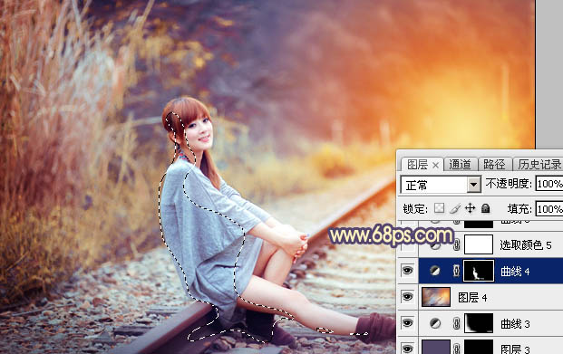 Photoshop為鐵軌上的美女增加甜美的晨曦暖色