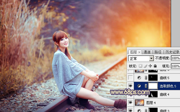 Photoshop為鐵軌上的美女增加甜美的晨曦暖色