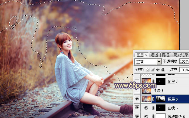 Photoshop為鐵軌上的美女增加甜美的晨曦暖色