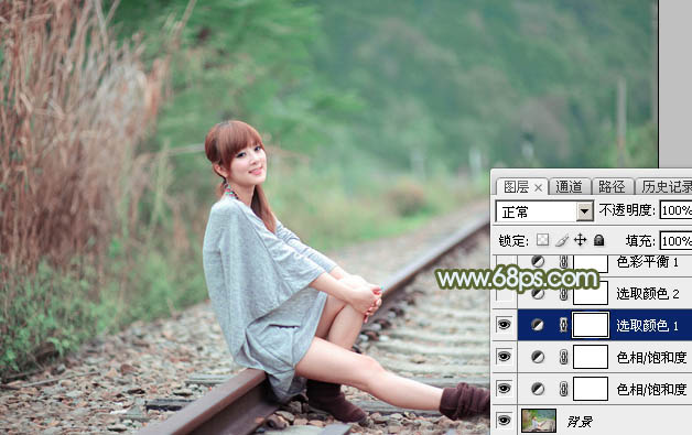 Photoshop為鐵軌美女加上粉調(diào)黃綠蜜糖色