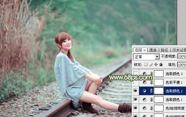 Photoshop為鐵軌美女加上粉調(diào)黃綠蜜糖色