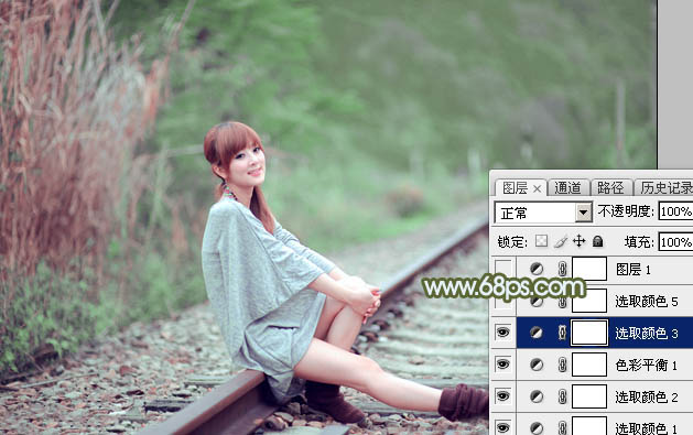 Photoshop為鐵軌美女加上粉調(diào)黃綠蜜糖色