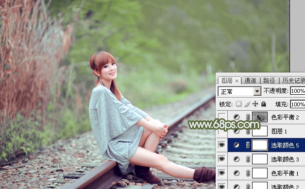 Photoshop為鐵軌美女加上粉調(diào)黃綠蜜糖色