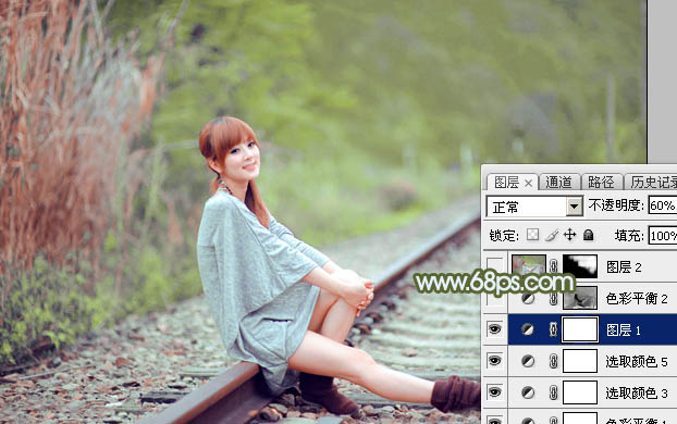 Photoshop為鐵軌美女加上粉調(diào)黃綠蜜糖色