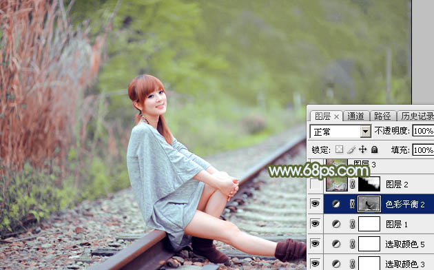 Photoshop為鐵軌美女加上粉調(diào)黃綠蜜糖色