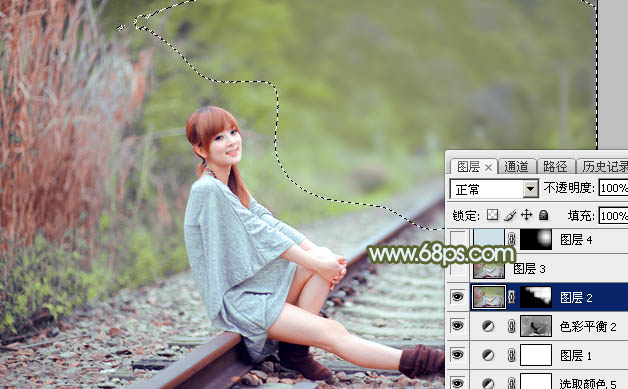 Photoshop為鐵軌美女加上粉調(diào)黃綠蜜糖色