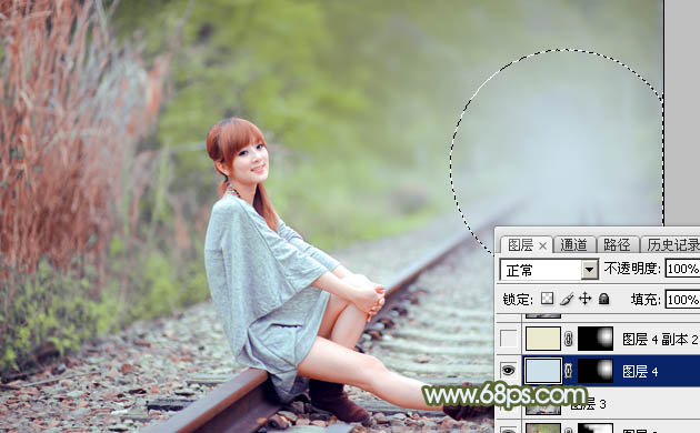 Photoshop為鐵軌美女加上粉調(diào)黃綠蜜糖色