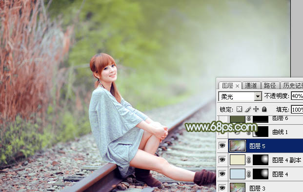 Photoshop為鐵軌美女加上粉調(diào)黃綠蜜糖色
