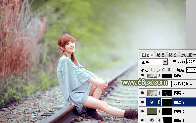 Photoshop為鐵軌美女加上粉調(diào)黃綠蜜糖色