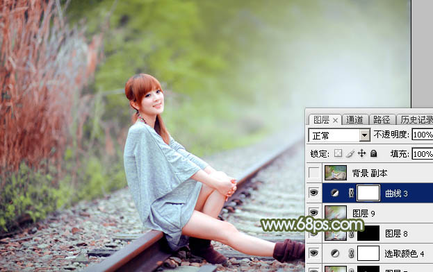 Photoshop為鐵軌美女加上粉調(diào)黃綠蜜糖色
