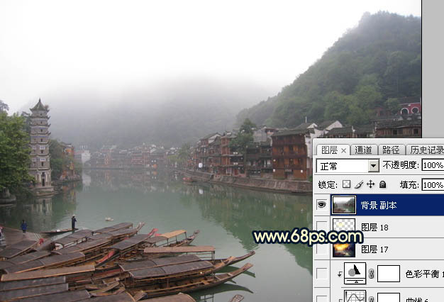 Photoshop調(diào)出唯美的霞光水邊古鎮(zhèn)效果