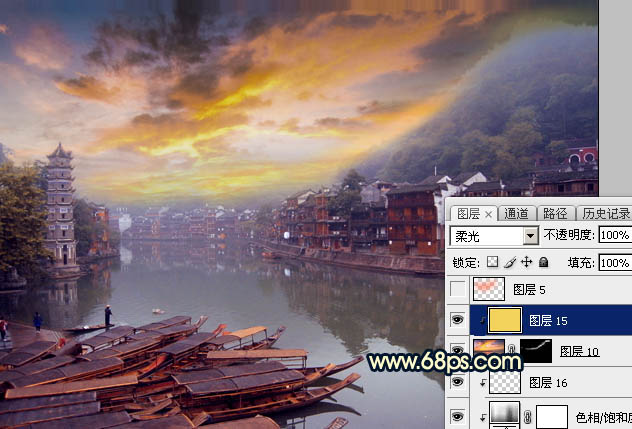 Photoshop調(diào)出唯美的霞光水邊古鎮(zhèn)效果