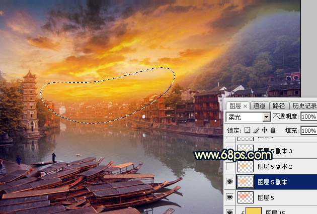 Photoshop調(diào)出唯美的霞光水邊古鎮(zhèn)效果