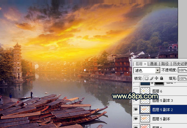 Photoshop調(diào)出唯美的霞光水邊古鎮(zhèn)效果
