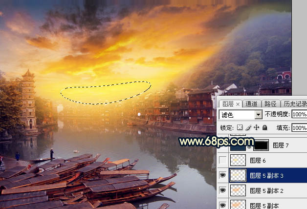 Photoshop調(diào)出唯美的霞光水邊古鎮(zhèn)效果