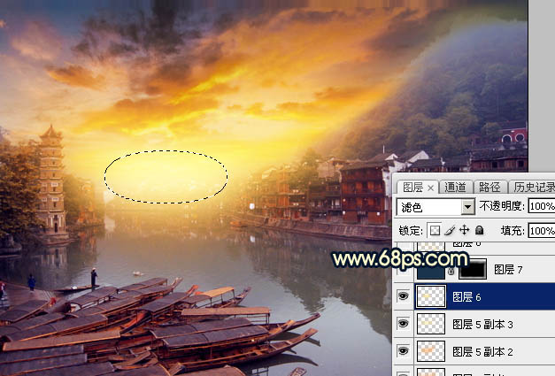 Photoshop調(diào)出唯美的霞光水邊古鎮(zhèn)效果