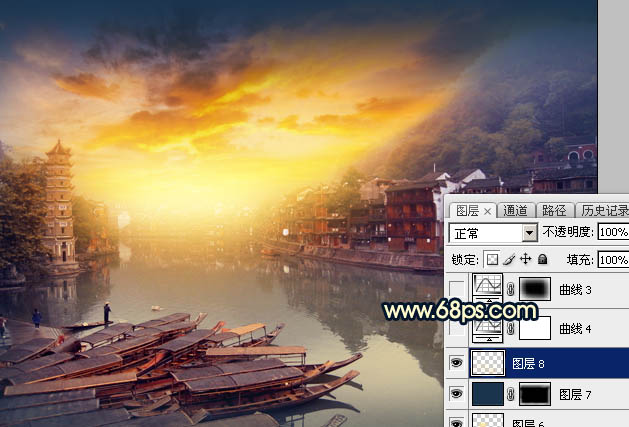 Photoshop調(diào)出唯美的霞光水邊古鎮(zhèn)效果