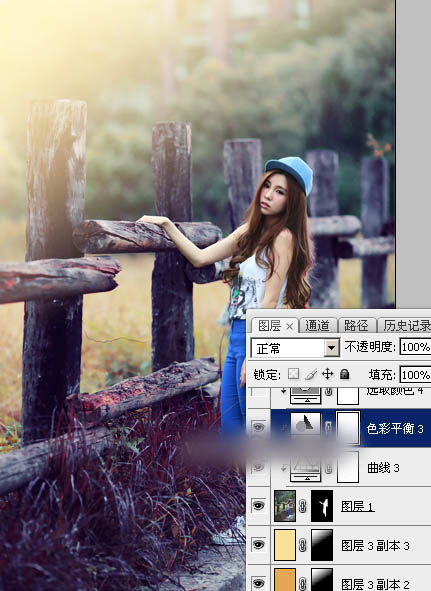 Photoshop为木桩边的美女人物加上高对比蓝黄色效果教程