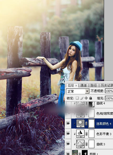 Photoshop为木桩边的美女人物加上高对比蓝黄色效果教程