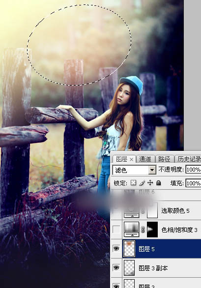 Photoshop为木桩边的美女人物加上高对比蓝黄色效果教程