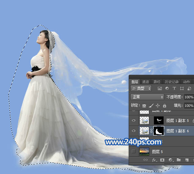 Photoshop保細(xì)節(jié)摳出雜亂的婚紗換背景