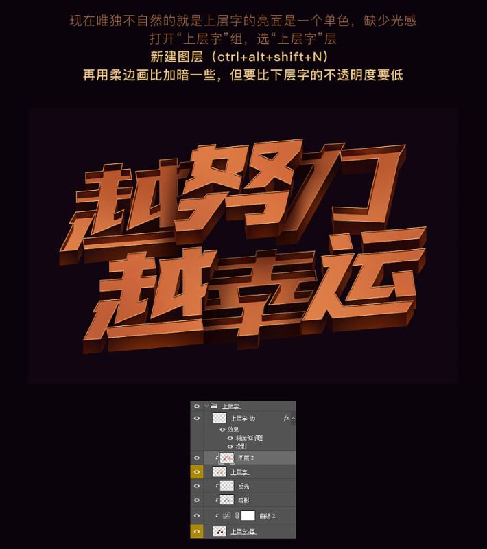 ps創(chuàng)意制作好看的越努力越幸運(yùn)的橙色紋理立體字教程
