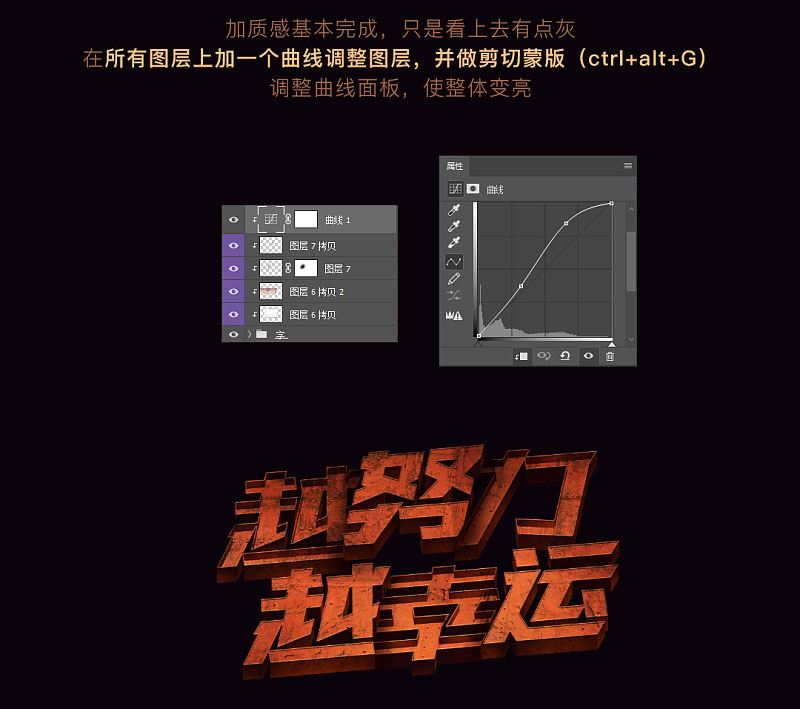 ps創(chuàng)意制作好看的越努力越幸運(yùn)的橙色紋理立體字教程