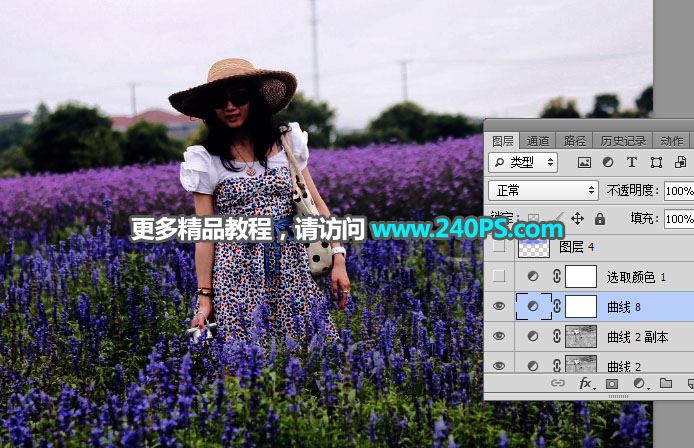 ps把白天花叢中穿連衣裙戴草帽的美女圖片調(diào)出好看的霞光效果教程