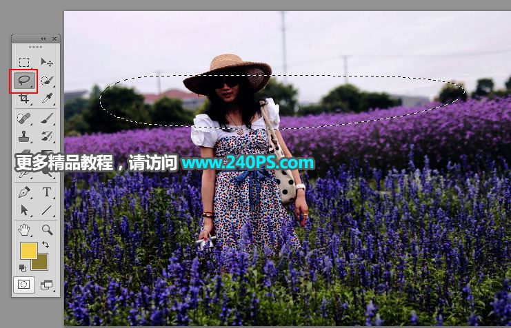 ps把白天花叢中穿連衣裙戴草帽的美女圖片調(diào)出好看的霞光效果教程
