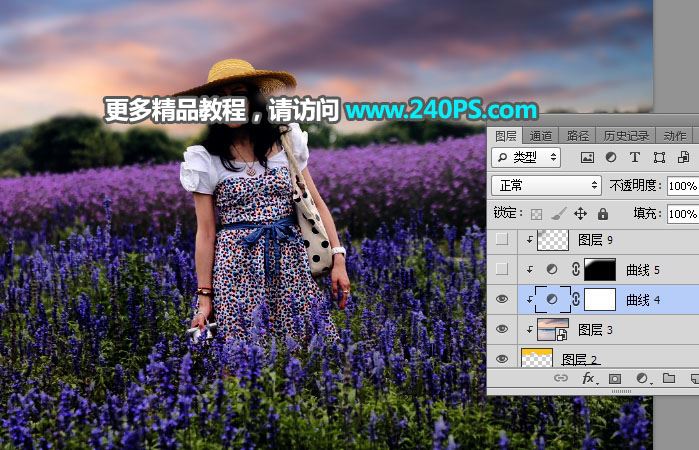 ps把白天花叢中穿連衣裙戴草帽的美女圖片調出好看的霞光效果教程